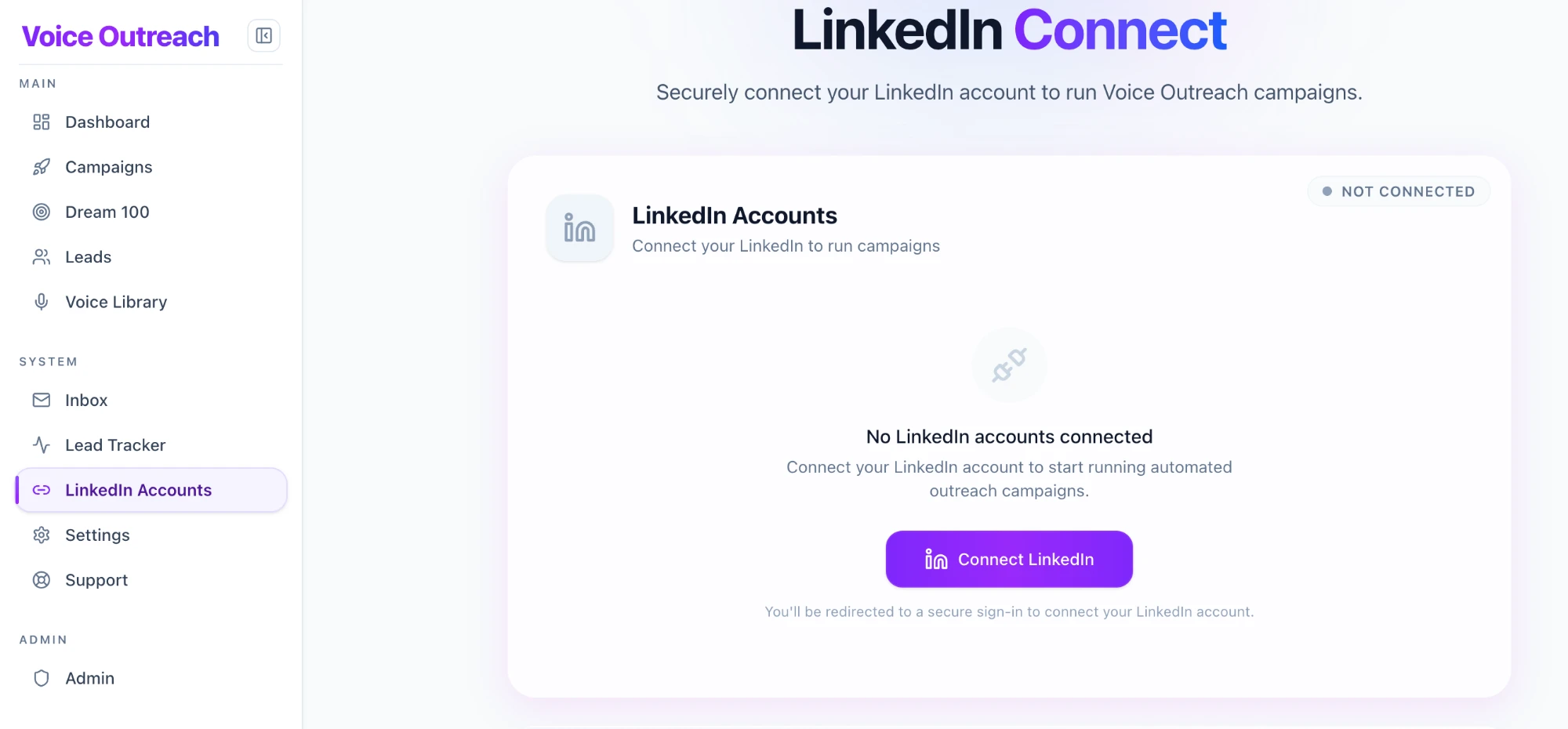 LinkedIn Accounts page showing the Connect LinkedIn button