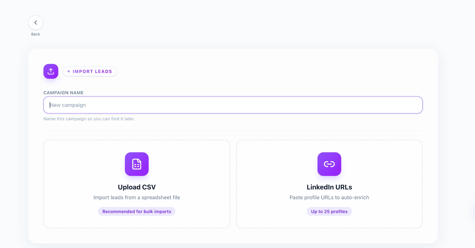 Import Leads screen showing the campaign name field with Upload CSV and LinkedIn URLs options