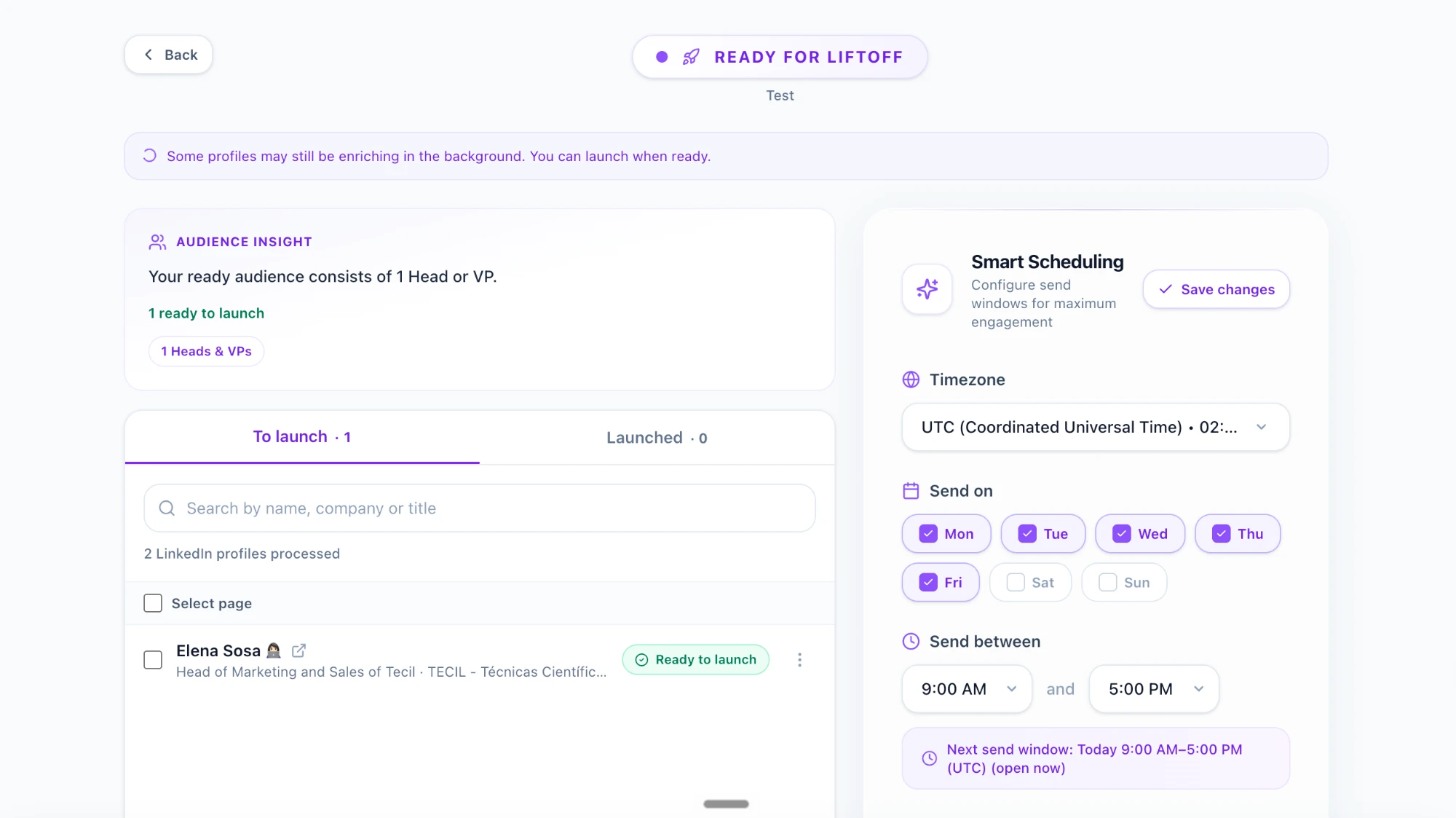 Leads and Launch tab showing ready-to-launch leads alongside Smart Scheduling controls