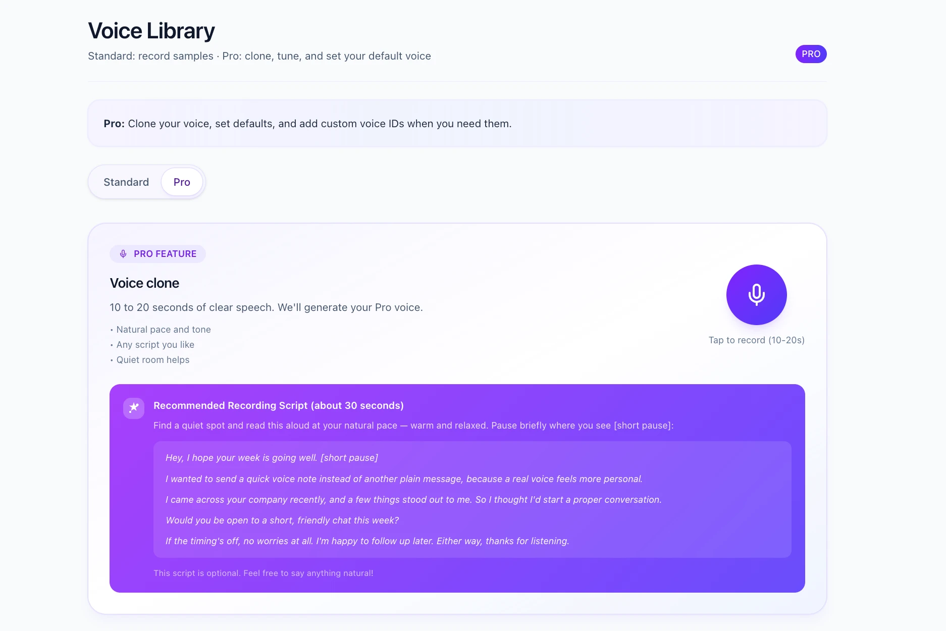 Voice Library page showing the voice clone recording interface